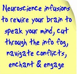 postitbanner1 Neuroscience infusions to rewire your brain to speak your mind, cut through the info fog, navigate conflicts, enchant & engage